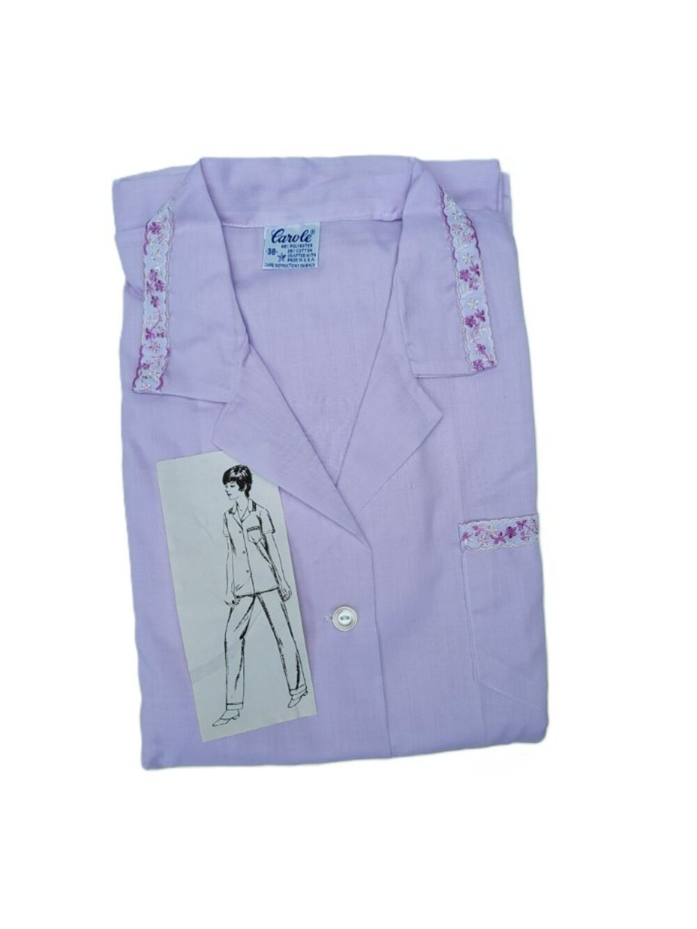 Vintage Carole Pajama Set Purple Embroidered Floral Trim Size 38 Poly/Cotton New
